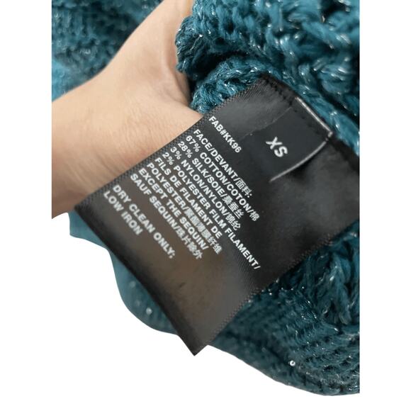 Lafayette148 Silk/Cotton Teal Open Stitch Micro Paillette CoastalGrandma Sweater - Picture 7 of 8